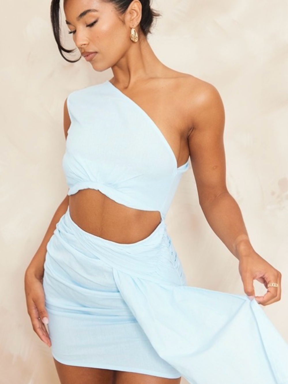 PrettyLittleThing Baby Blue One-Shoulder Cutout Mini Dress